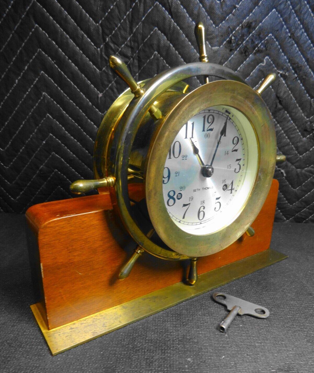 Seth Thomas Helmsman 1602 Ships Wheel Mantle Clock E537-001 Wood Brass With Key