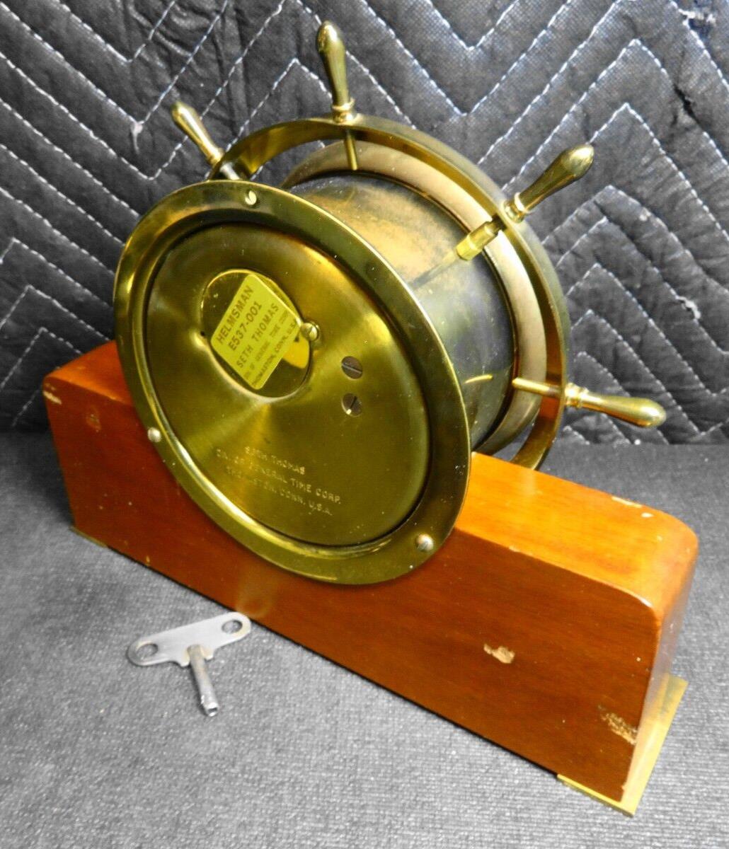 Seth Thomas Helmsman 1602 Ships Wheel Mantle Clock E537-001 Wood Brass With Key