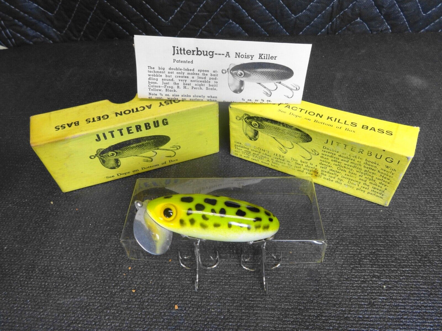 VINTAGE FRED ARBOGAST FISHING LURE JITTERBUG FROG - WOOD BODY, METAL LIP w/ BOX