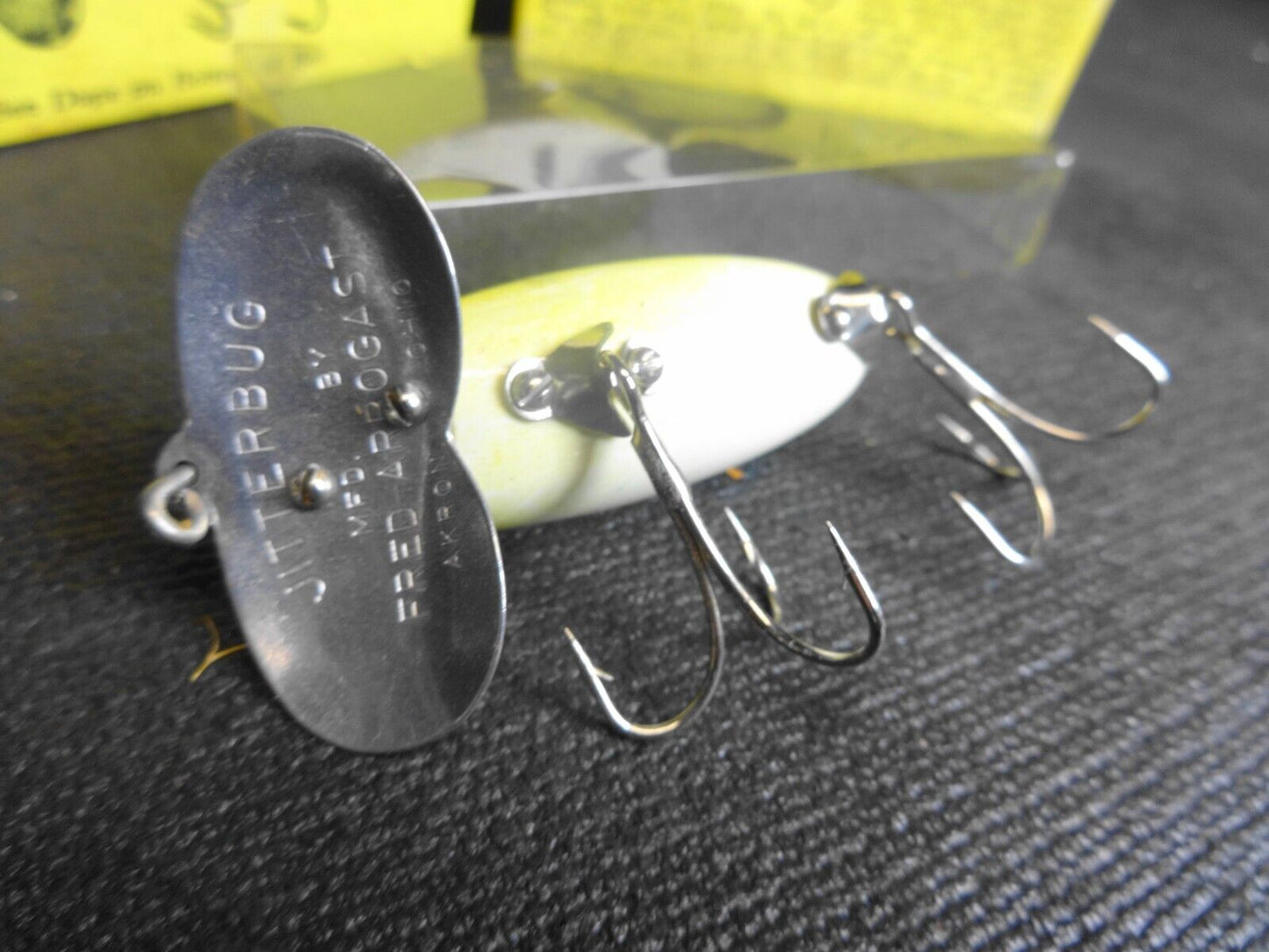 VINTAGE FRED ARBOGAST FISHING LURE JITTERBUG FROG - WOOD BODY, METAL LIP w/ BOX