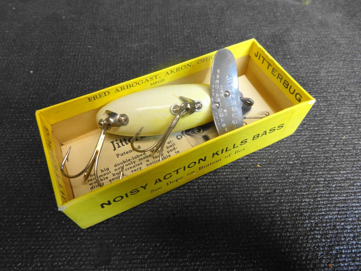 VINTAGE FRED ARBOGAST FISHING LURE JITTERBUG FROG - WOOD BODY, METAL LIP w/ BOX