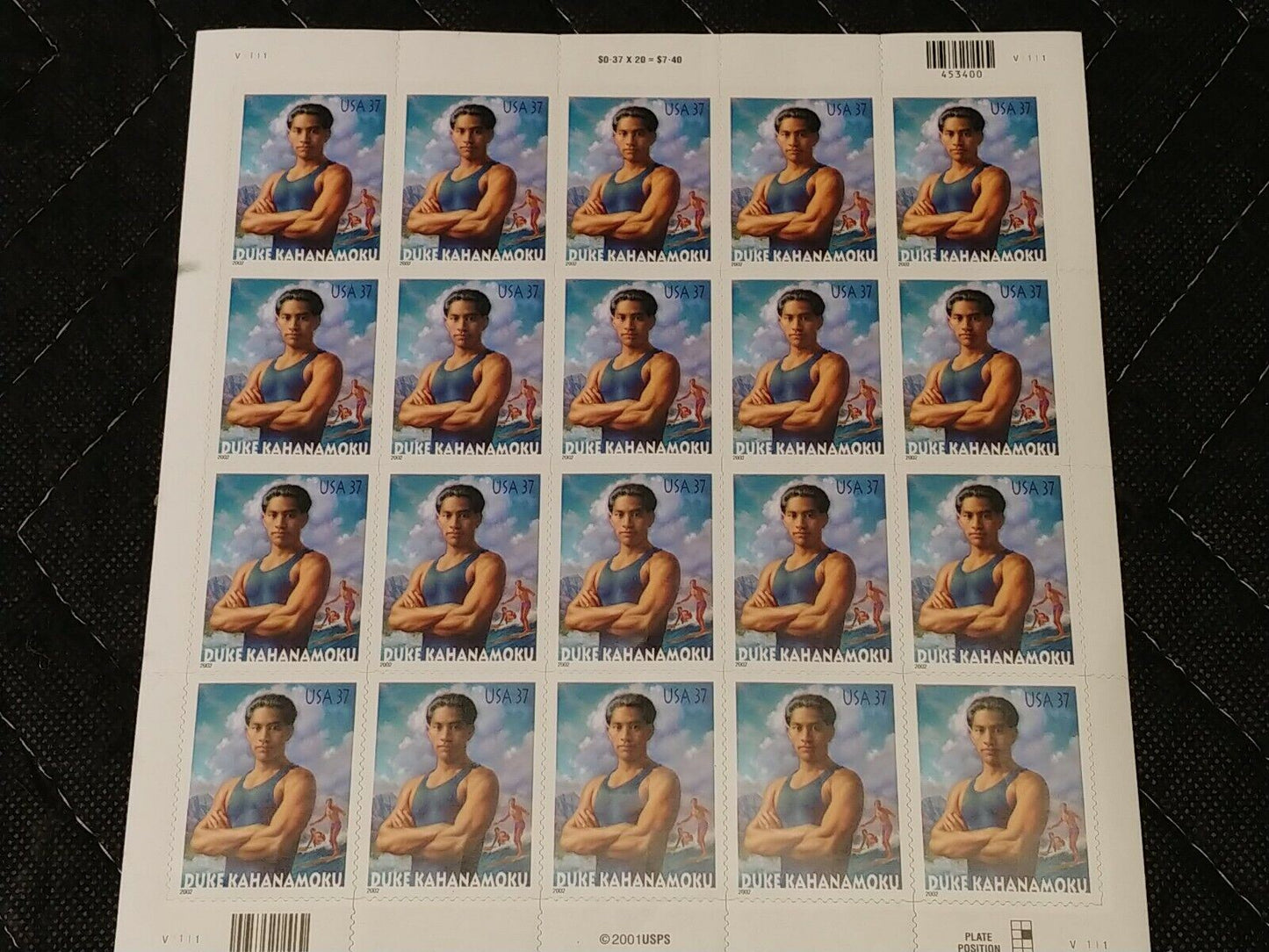 USA2002 37 Duke Kahanamoku Surfer - Plate Block of 20 + 4