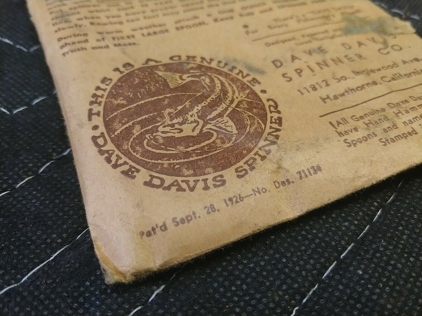 1920s Dave Davis Brass Spinner Lure # 10 in Original Envelope Los Angeles