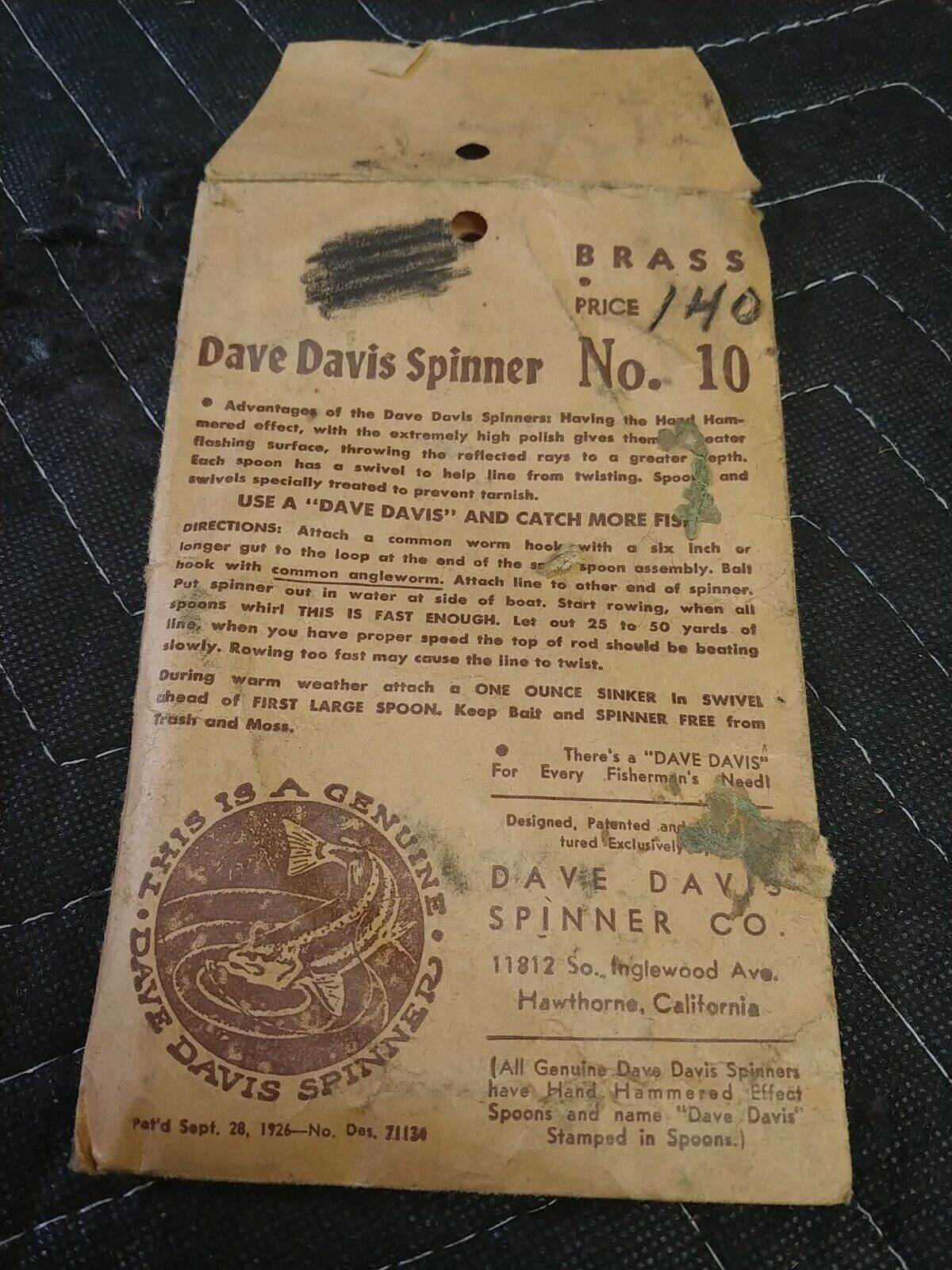1920s Dave Davis Brass Spinner Lure # 10 in Original Envelope Los Angeles