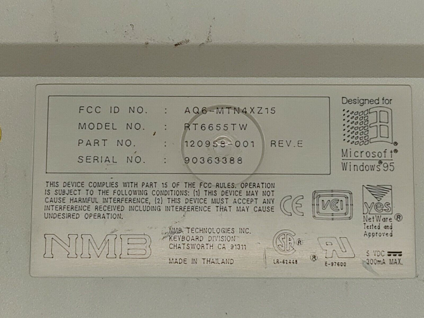 Vintage NMB Keyboard RT6655TW Designed for Windows 95 AT Connector