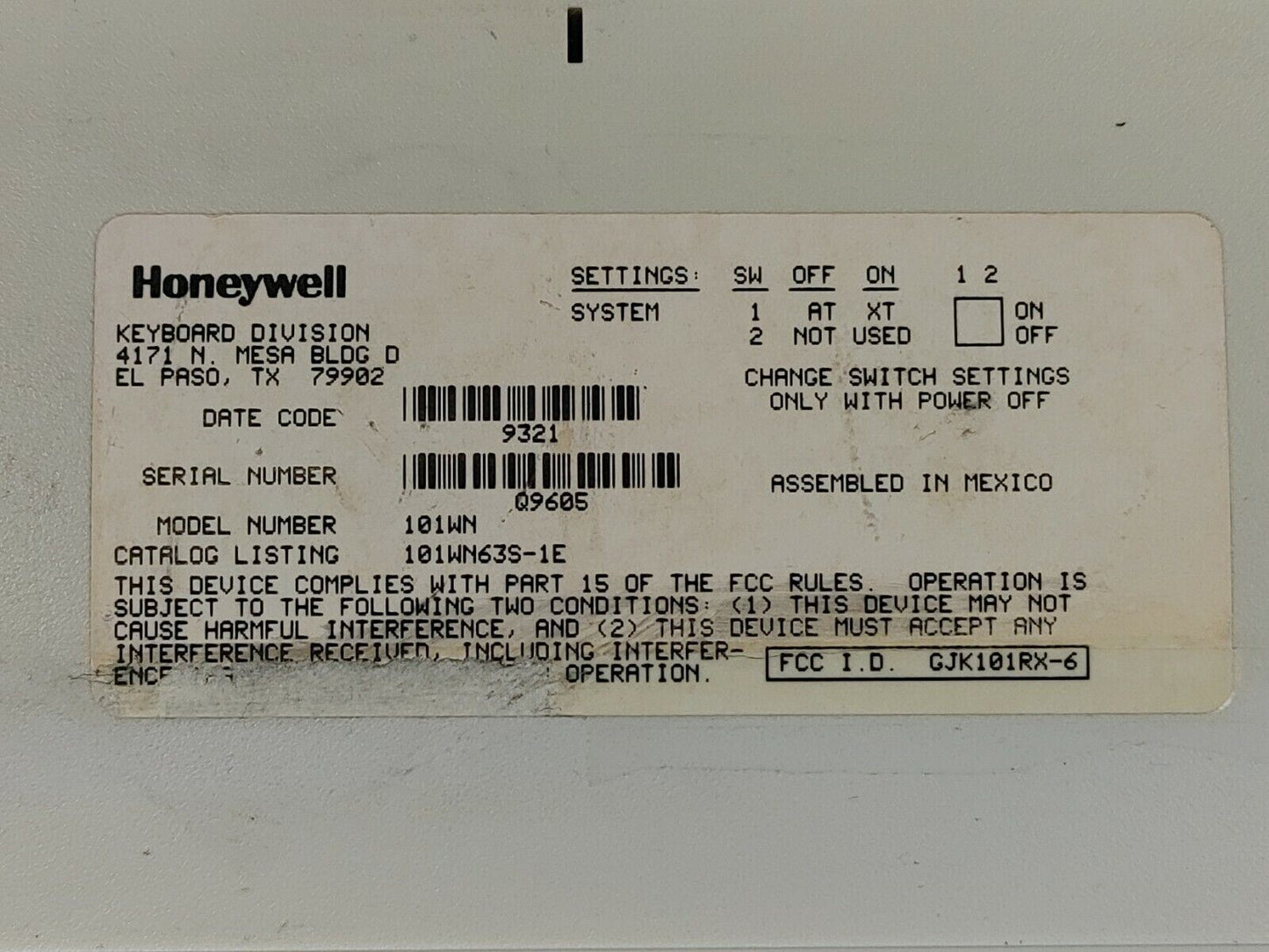 HONEYWELL MODEL 101WN VINTAGE 5 PIN AT KEYBOARD 101WN63S-1E