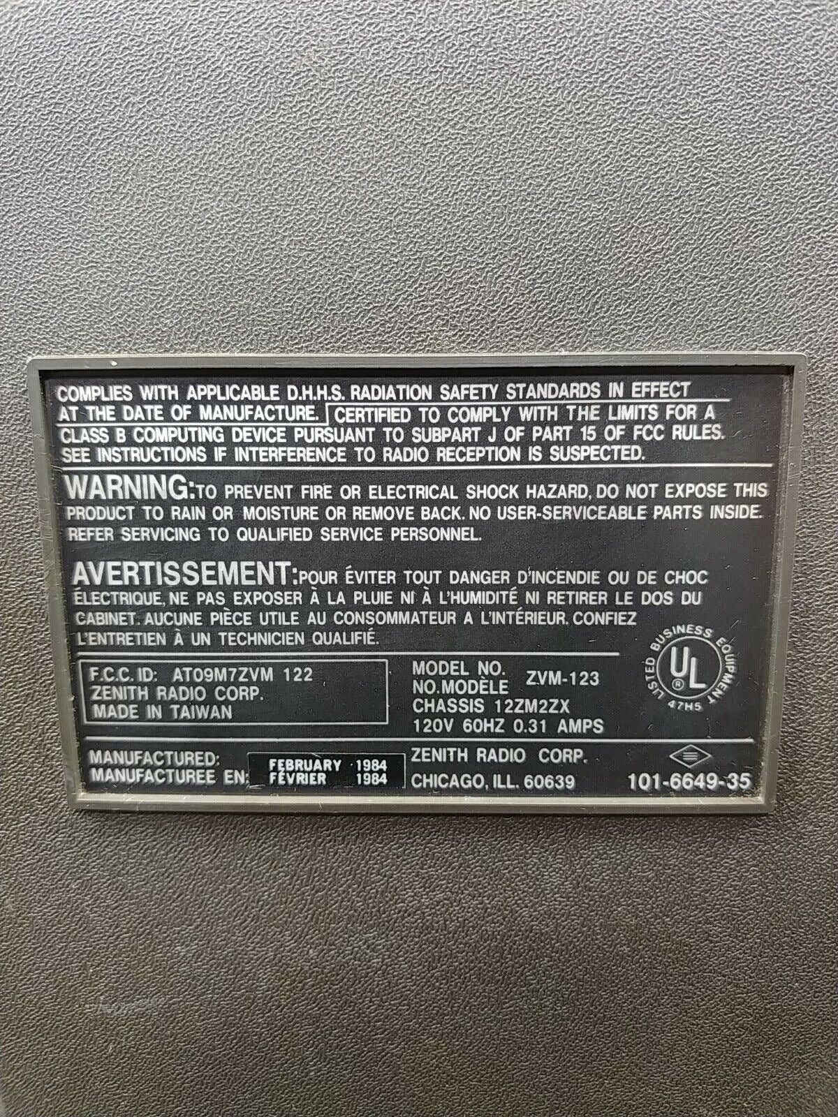 Zenith Data Systems Monitor ZVM-123 Works! VTG Screen