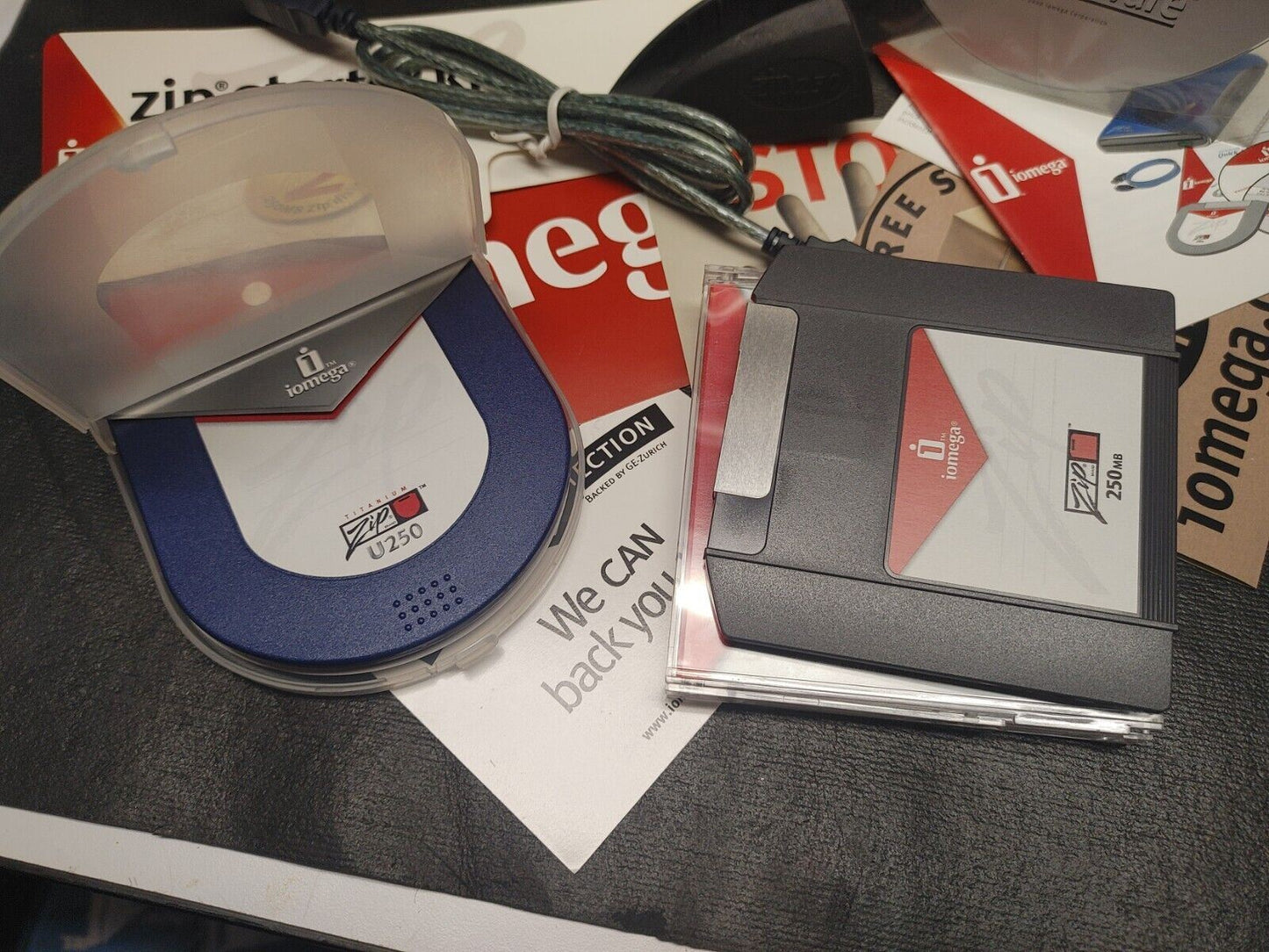 Iomega Zip 250 Drive in Original Box w/ USB Cable, 2 Disks, Software CD & Papers