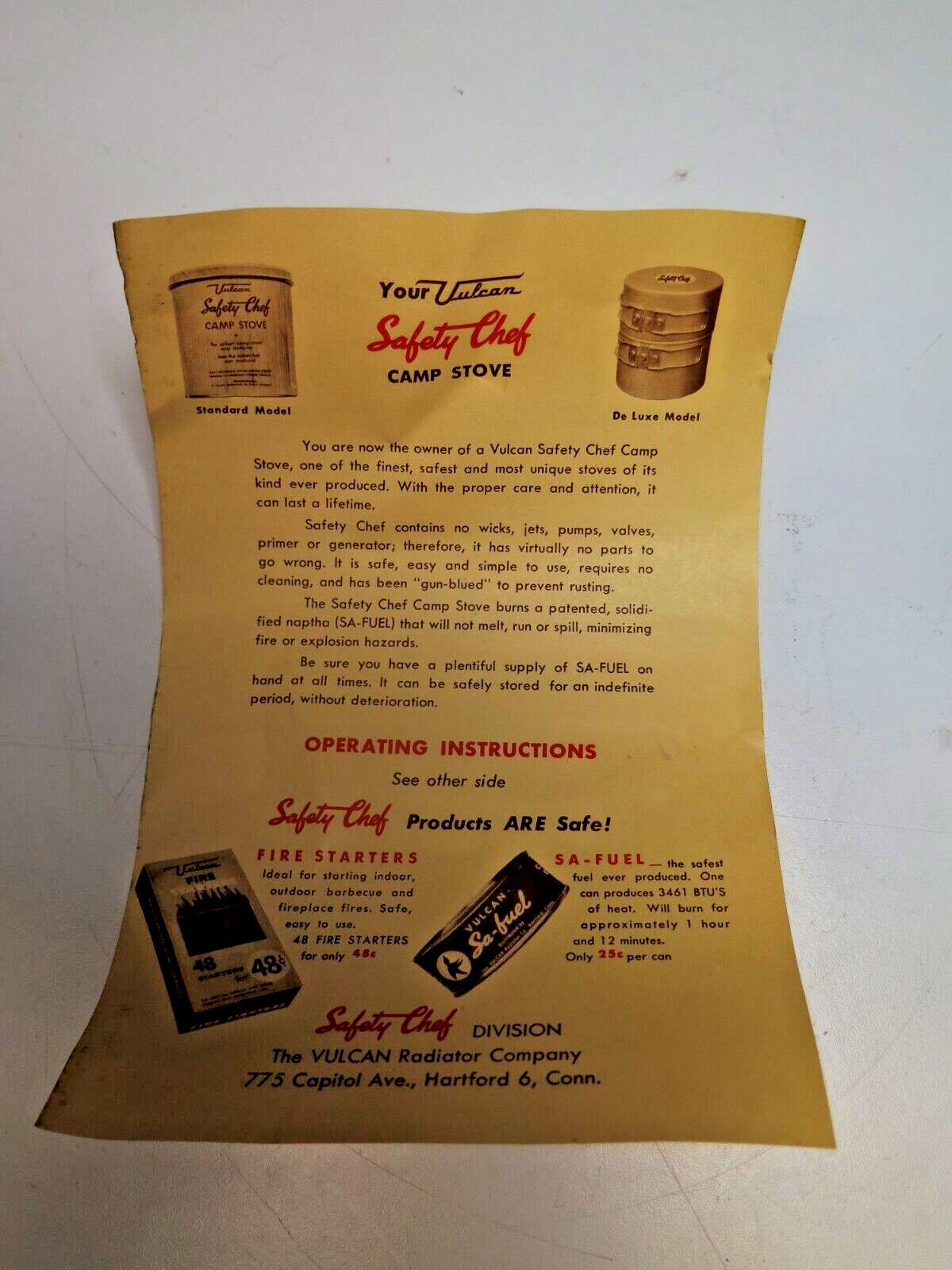 Unused Vulcan Safety Chef Single Burner Camp Stove Camp Pans Backpacking Vintage