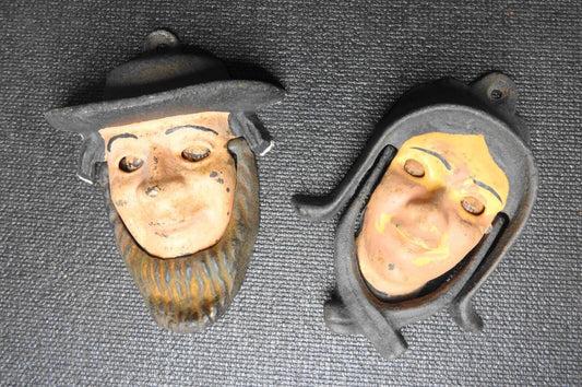 Vintage Wilton Cast Iron Amish Man Woman Door Knocker Eyes Open Close - Knockers