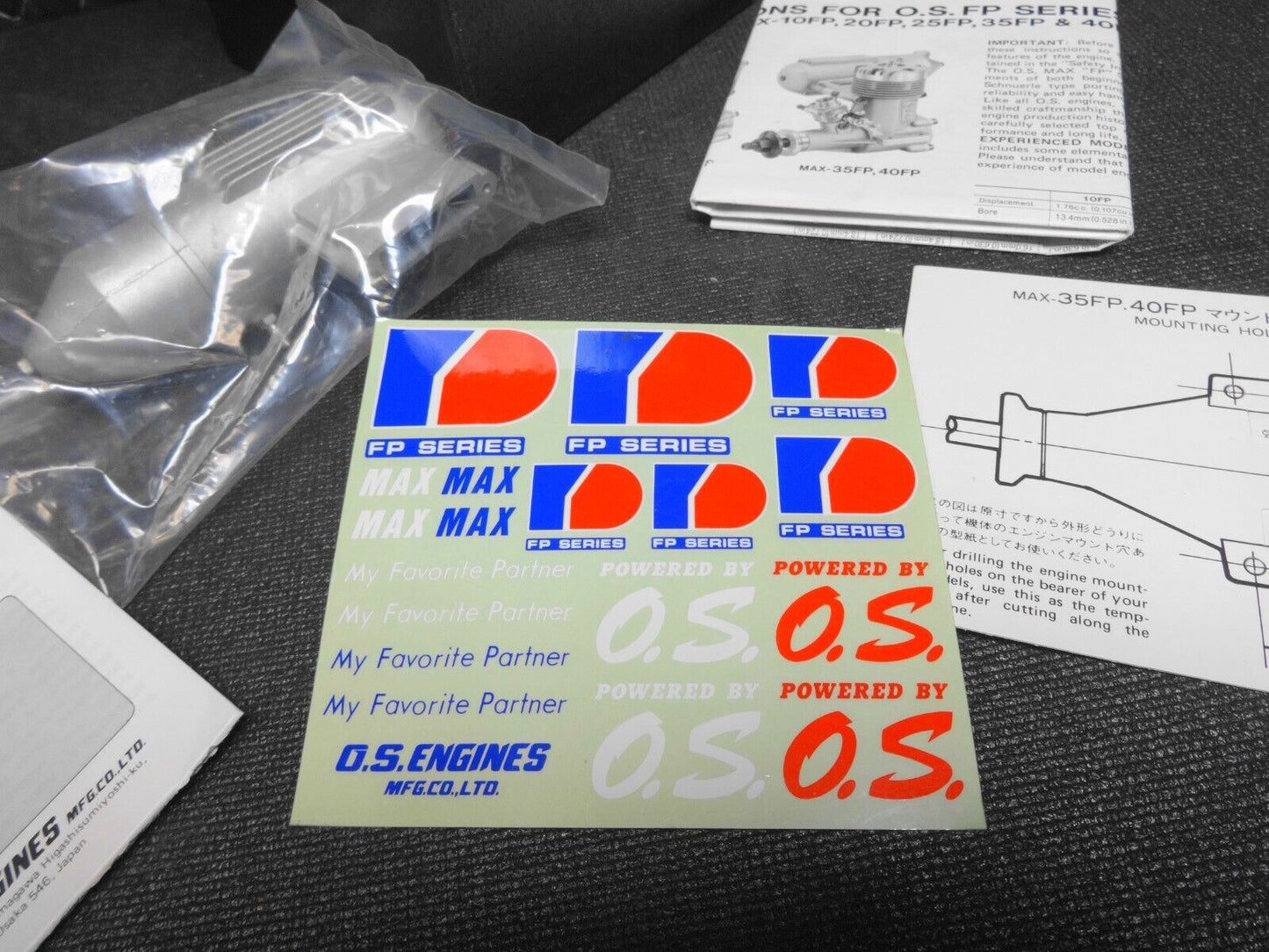 O.S. Max 40 FP R/C ** BOX, Manifold, Manual, Decals, Muffler ONLY ** for Engine