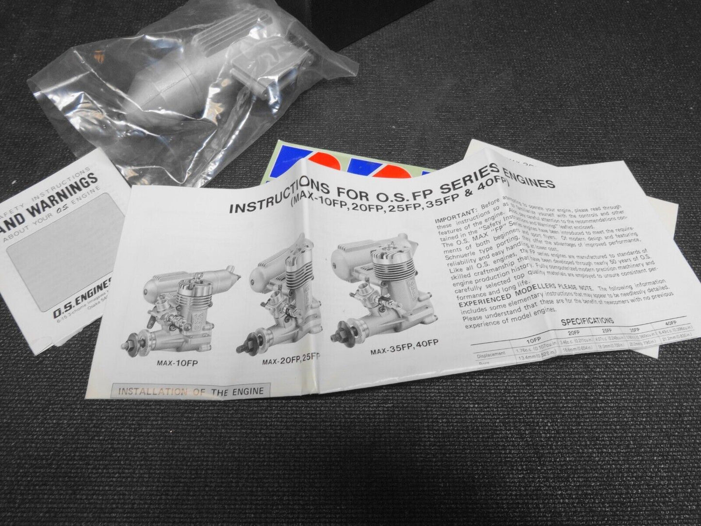 O.S. Max 40 FP R/C ** BOX, Manifold, Manual, Decals, Muffler ONLY ** for Engine