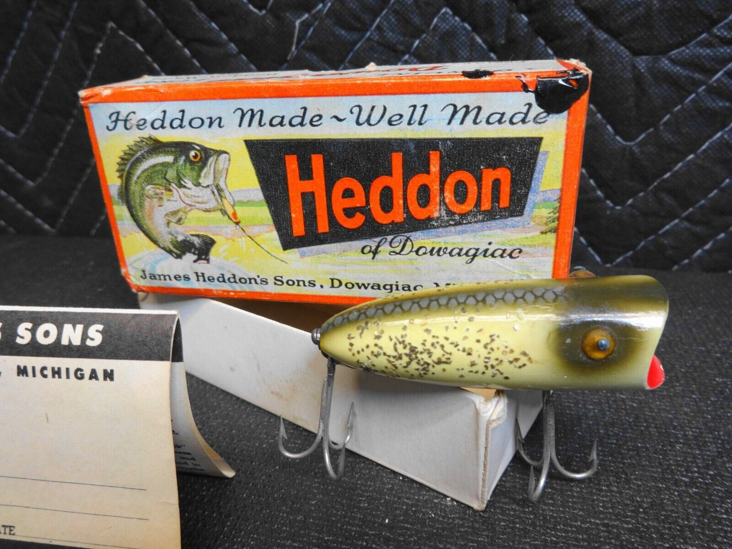 VINTAGE HEDDON BABY LUCKY 13 FISHING LURE WOODEN TACK EYES GLITTER SCALE BACK