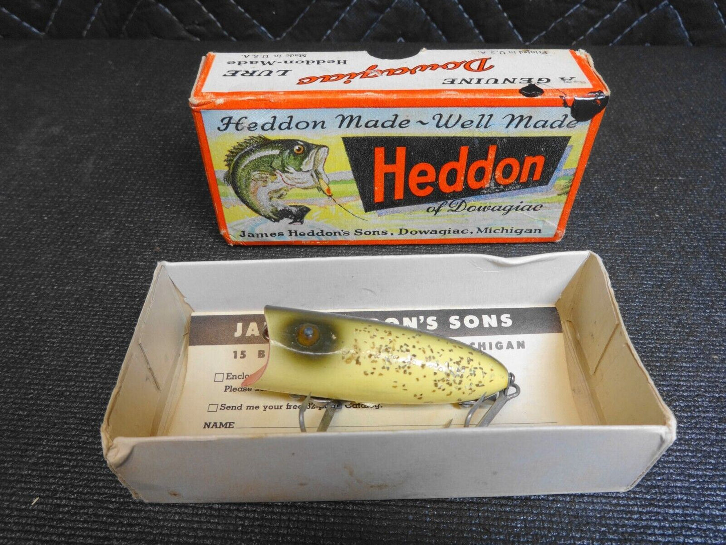 VINTAGE HEDDON BABY LUCKY 13 FISHING LURE WOODEN TACK EYES GLITTER SCALE BACK