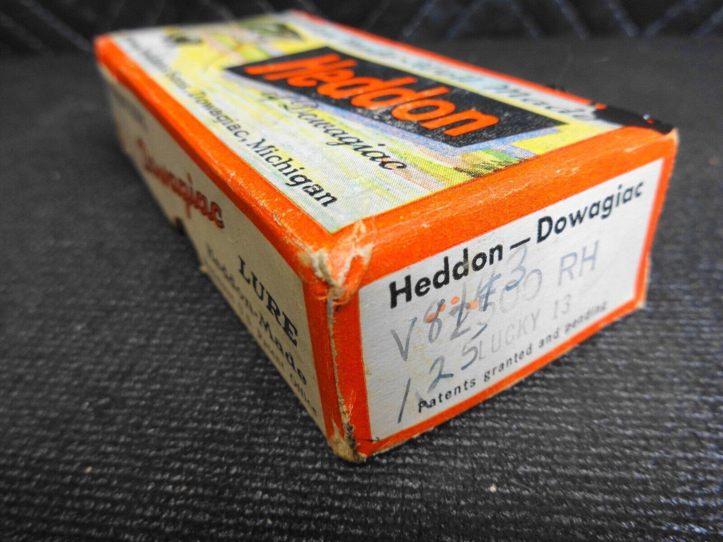 VINTAGE HEDDON BABY LUCKY 13 FISHING LURE WOODEN TACK EYES GLITTER SCALE BACK