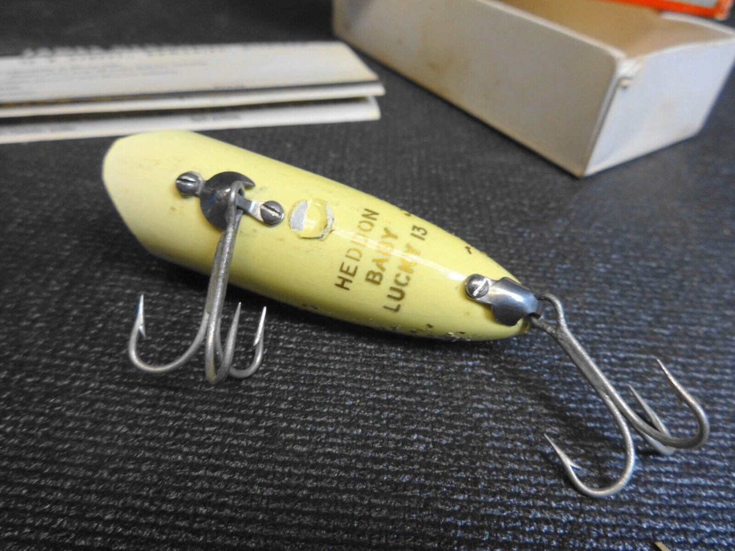 VINTAGE HEDDON BABY LUCKY 13 FISHING LURE WOODEN TACK EYES GLITTER SCALE BACK