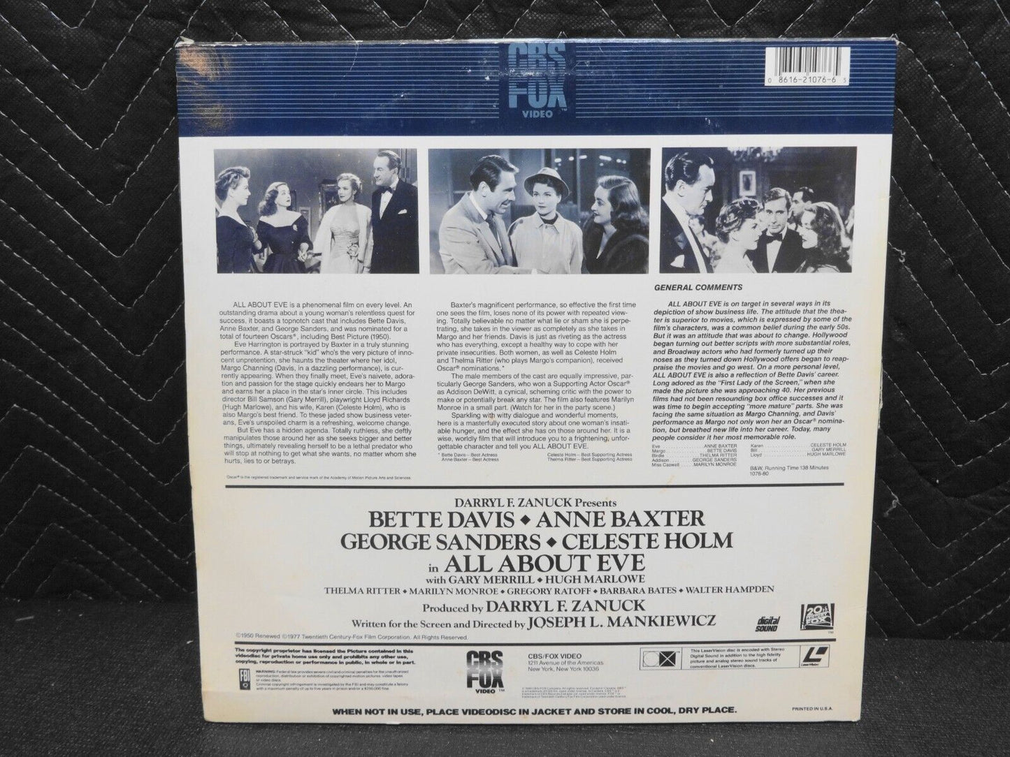 All About Eve - Marilyn Monroe - Bette Davis Laserdisc Laser Disc LD Videodisc