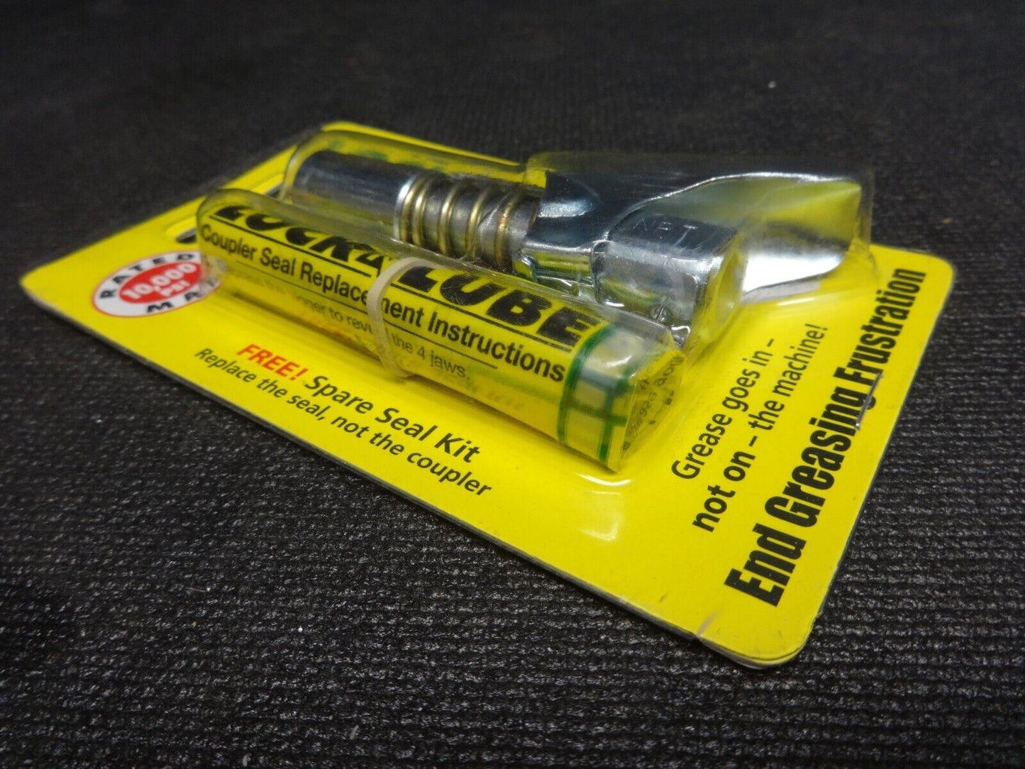 LockNLube Grease Gun Coupler, locks on, doesn't leak, rated over 10,000 PSI