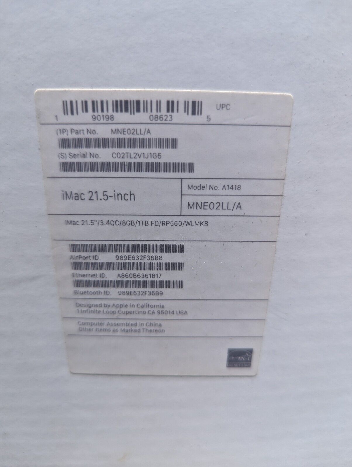 21.5" Apple iMac A1418 Replacement Shipping Box w/ Styrofoam - EMPTY BOX Only