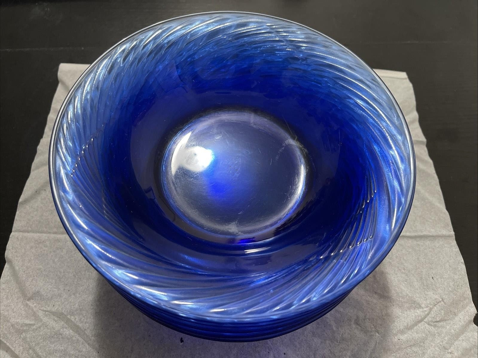 Pyrex Festiva Cobalt Blue Glass Swirl Set Of 9 Rimmed Soup Bowls 7 1/2"