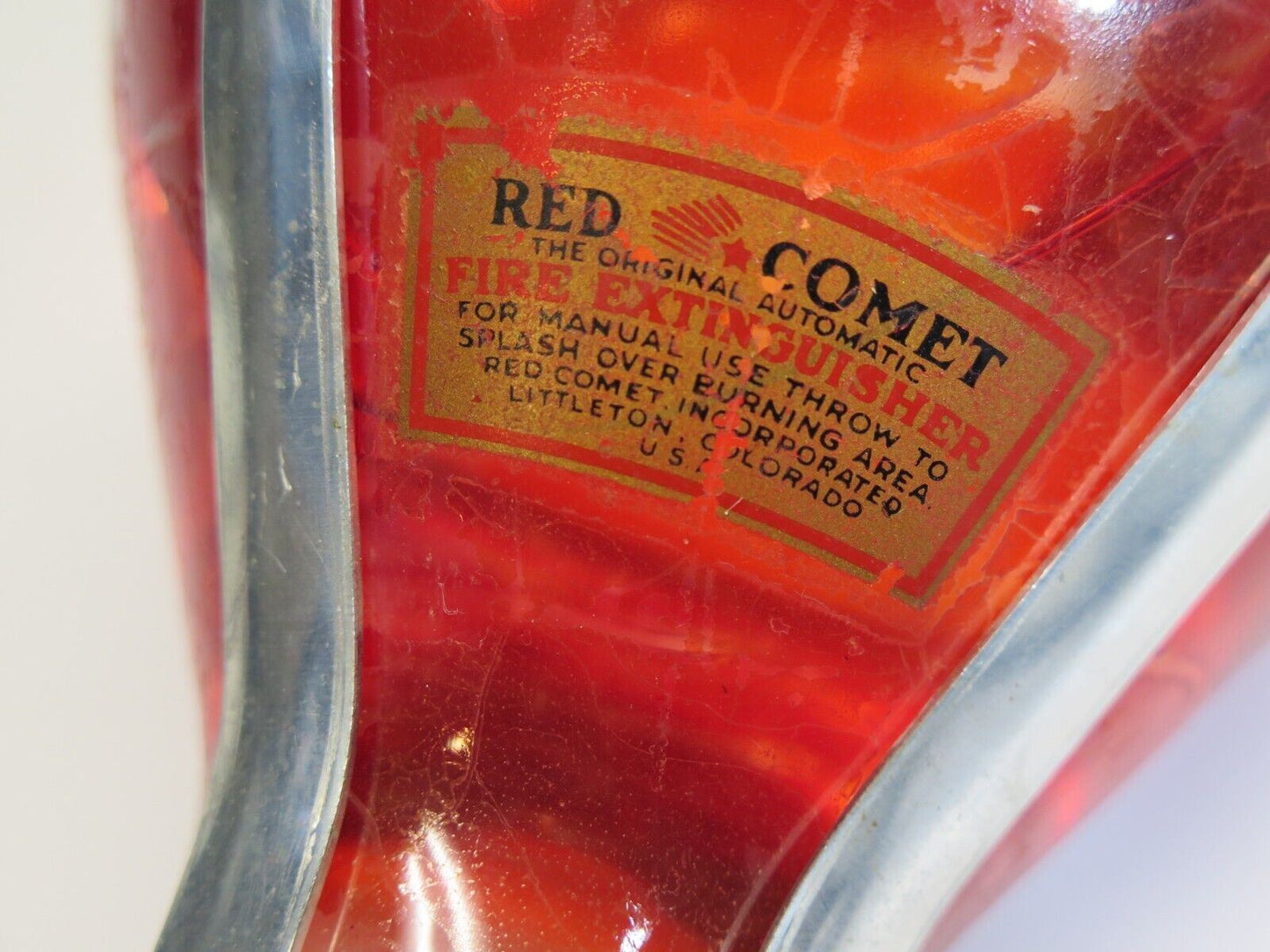 Red Comet Glass Fire Extinguisher, full of fluid w/ Wire Cage