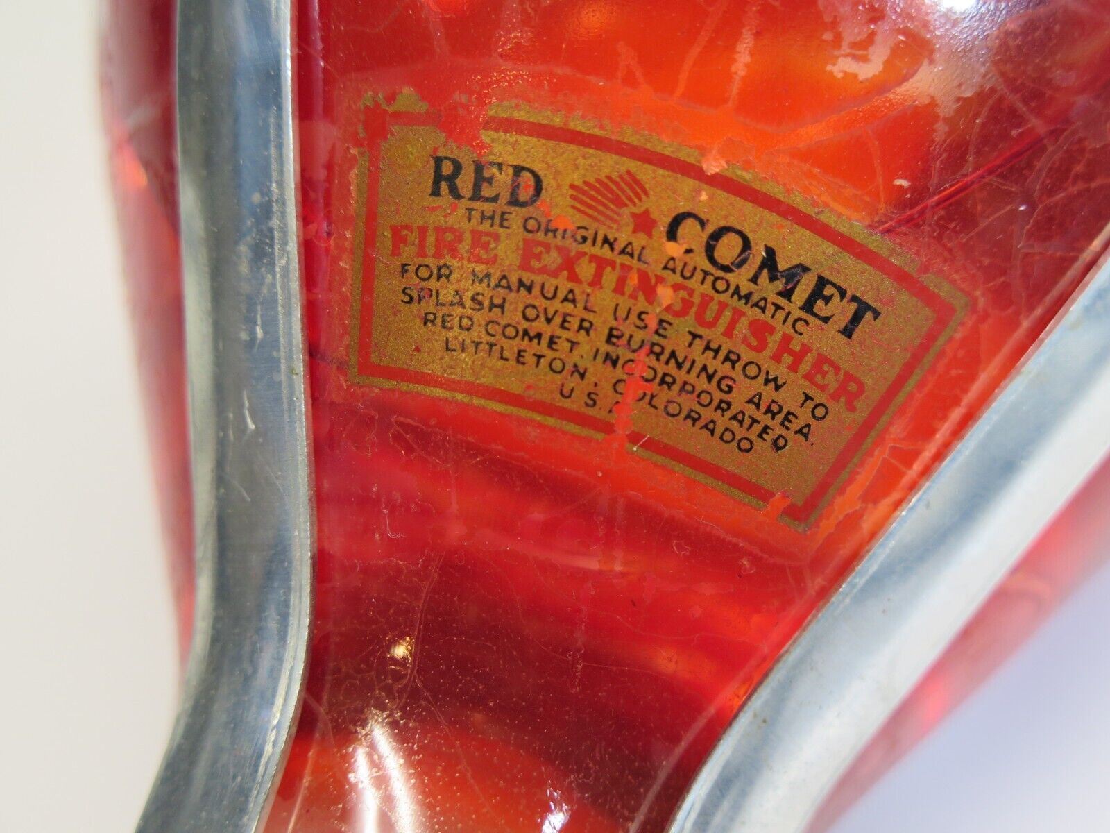 Red Comet Glass Fire Extinguisher, full of fluid w/ Wire Cage