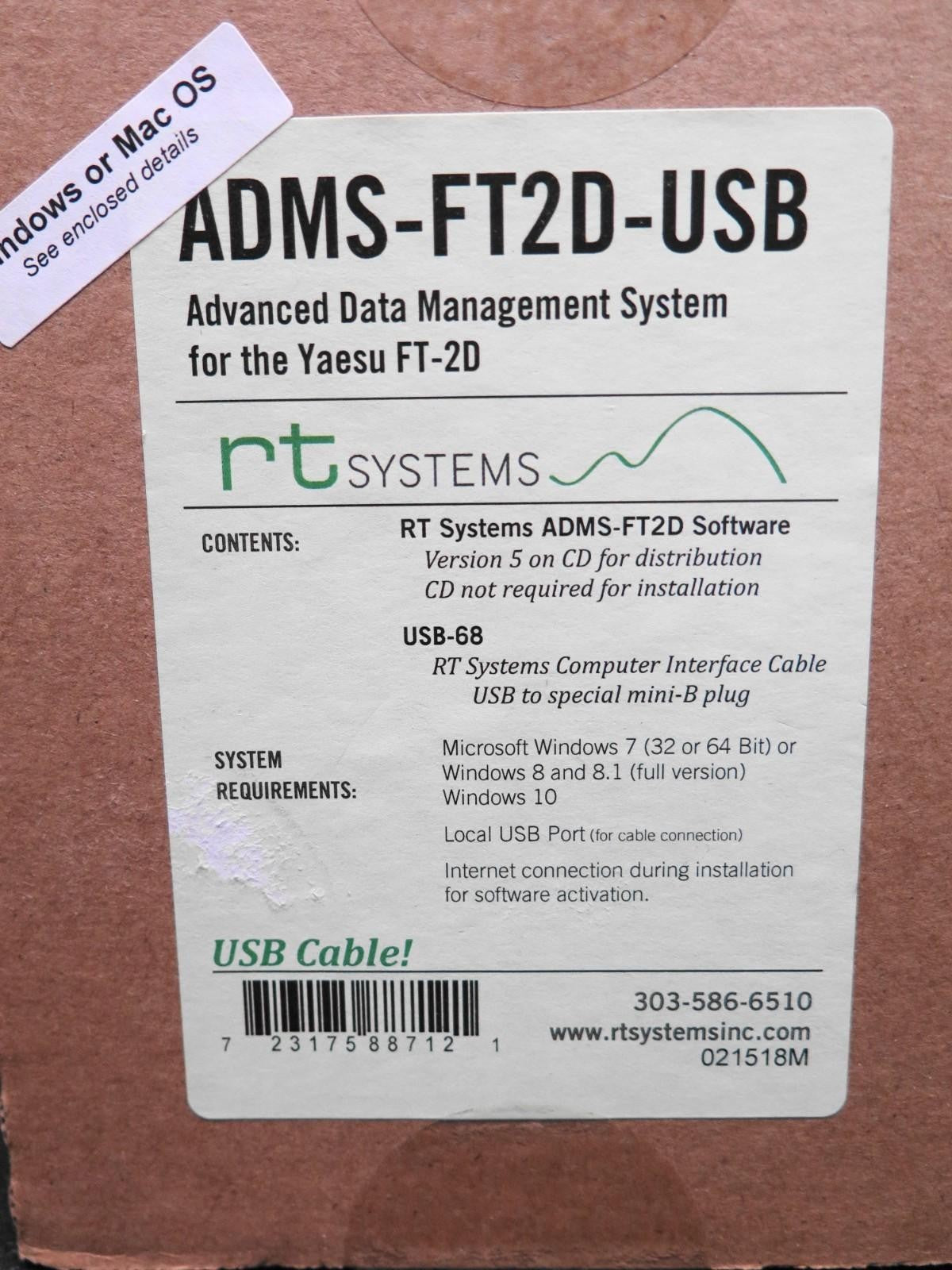 RT Systems Programming Software w USB-68 Cable for Yaesu FT-2DR - ADMS-FT2D-USB