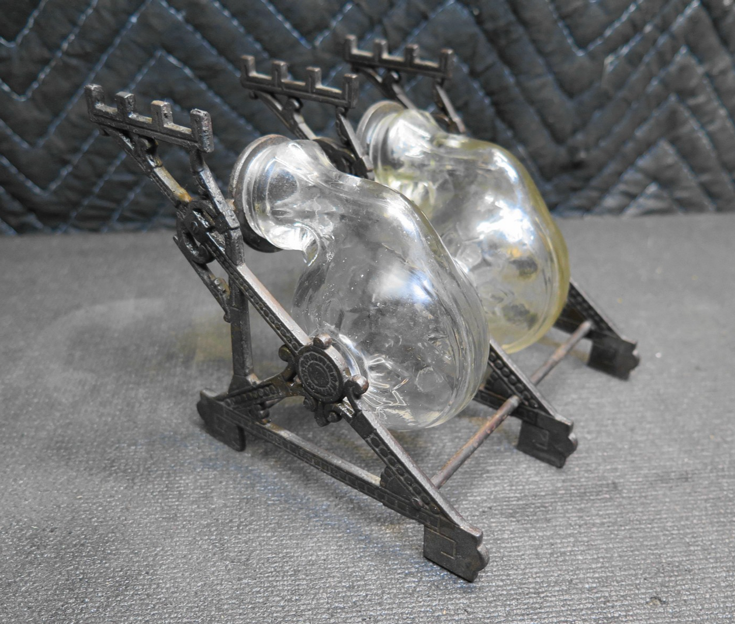 Double Inkwell Antique PAT. 1879 Glass Snail ink Bottles Cast Iron Stand