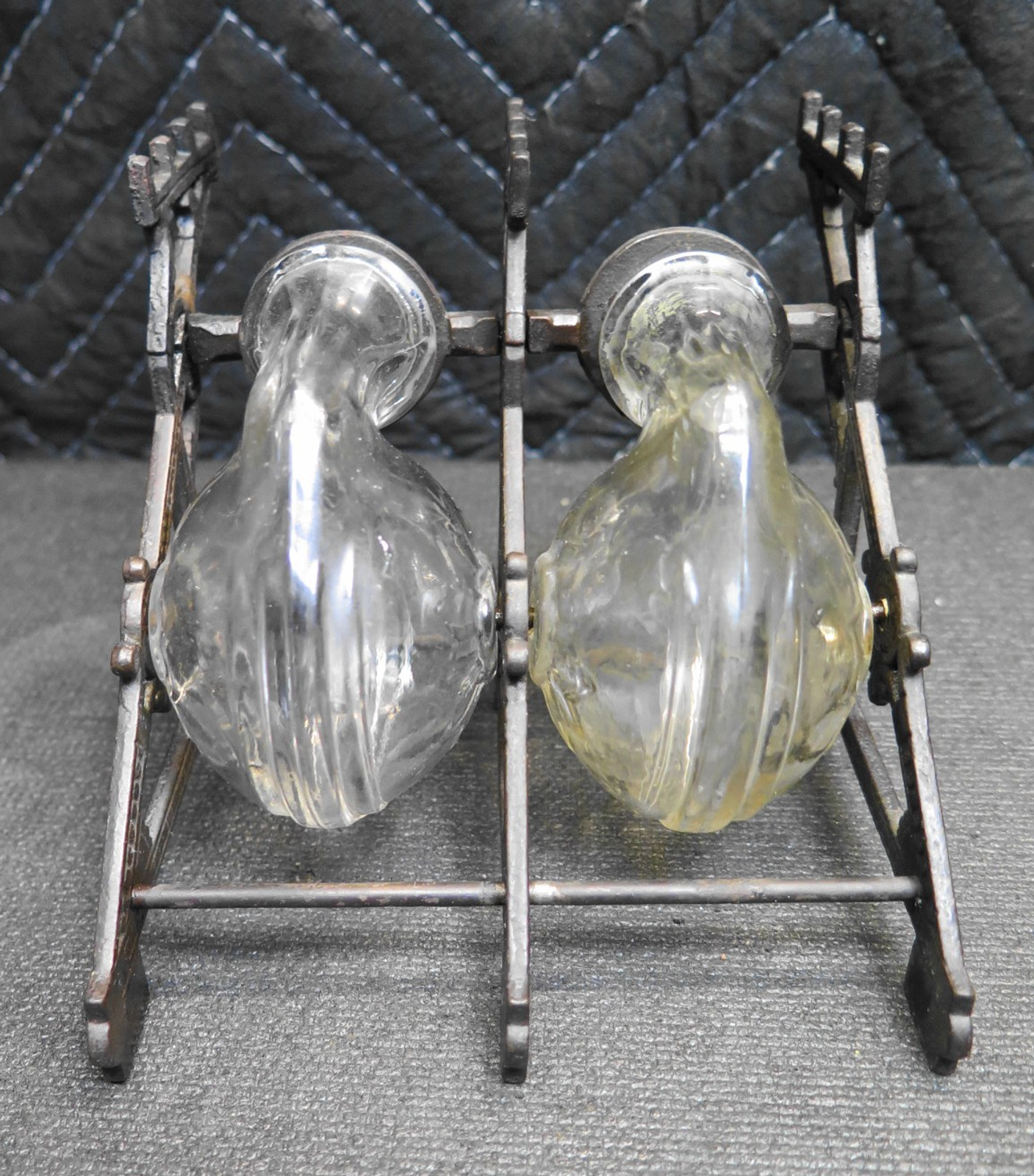 Double Inkwell Antique PAT. 1879 Glass Snail ink Bottles Cast Iron Stand