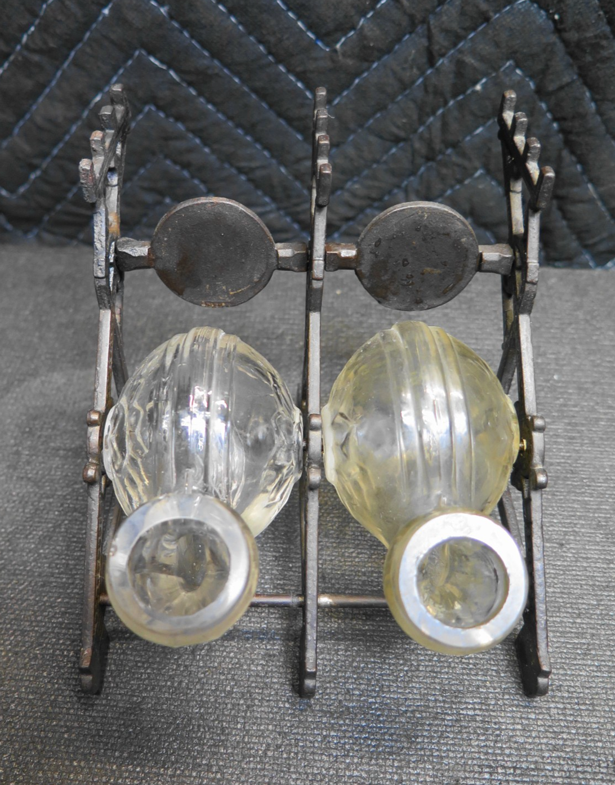 Double Inkwell Antique PAT. 1879 Glass Snail ink Bottles Cast Iron Stand