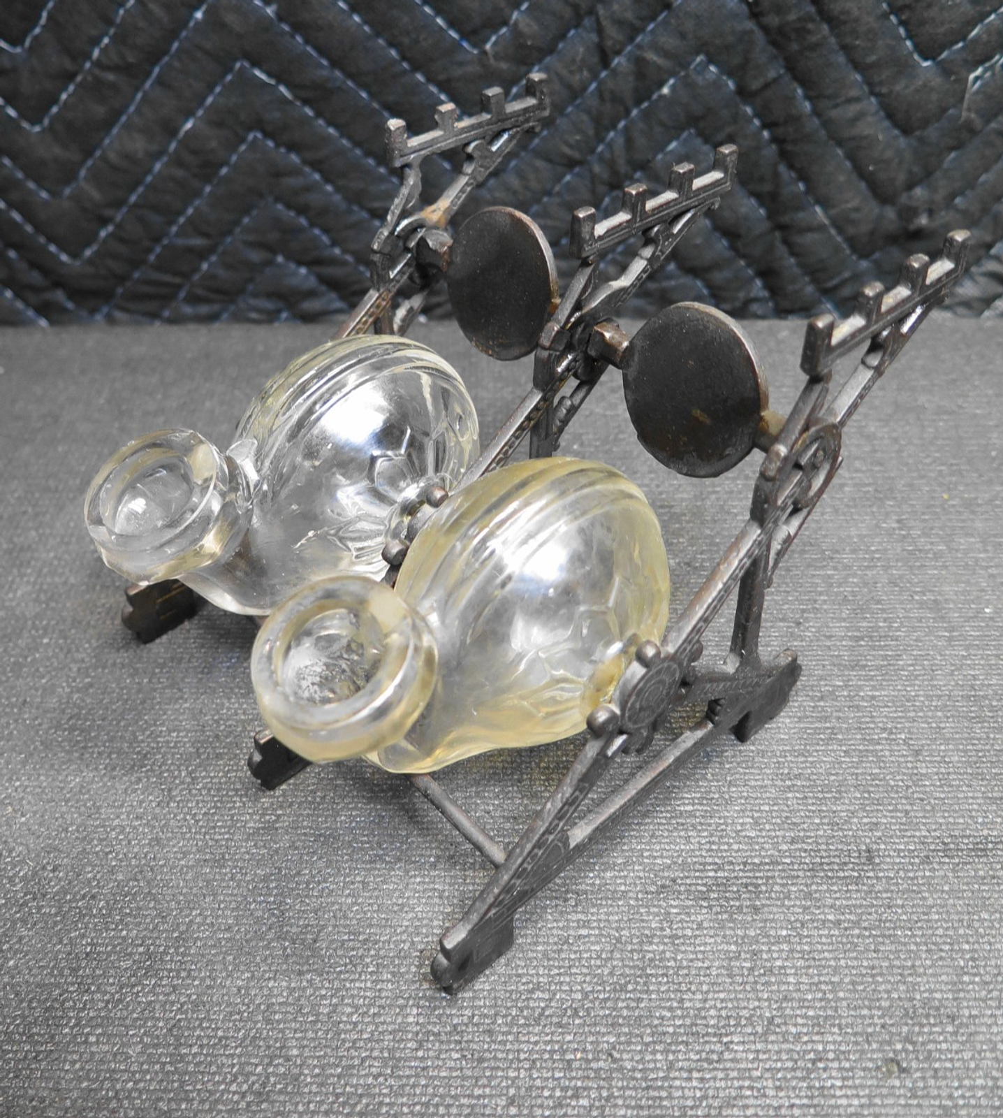 Double Inkwell Antique PAT. 1879 Glass Snail ink Bottles Cast Iron Stand