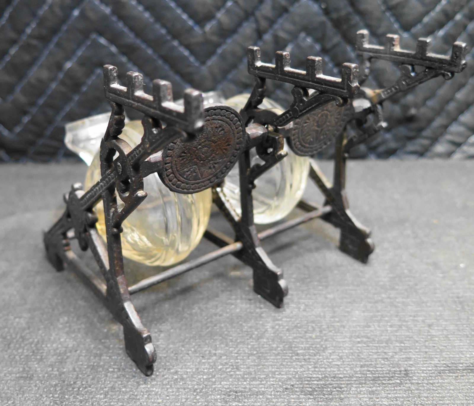 Double Inkwell Antique PAT. 1879 Glass Snail ink Bottles Cast Iron Stand