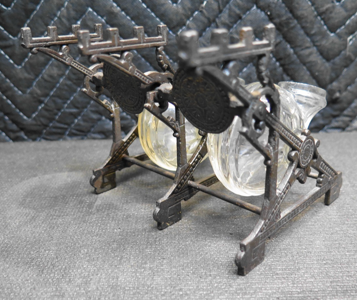 Double Inkwell Antique PAT. 1879 Glass Snail ink Bottles Cast Iron Stand