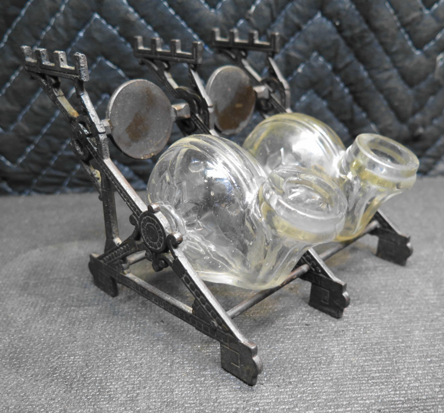 Double Inkwell Antique PAT. 1879 Glass Snail ink Bottles Cast Iron Stand