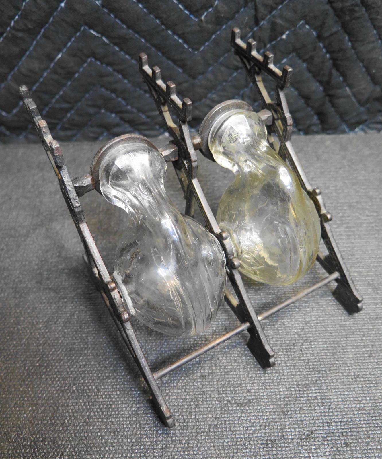 Double Inkwell Antique PAT. 1879 Glass Snail ink Bottles Cast Iron Stand