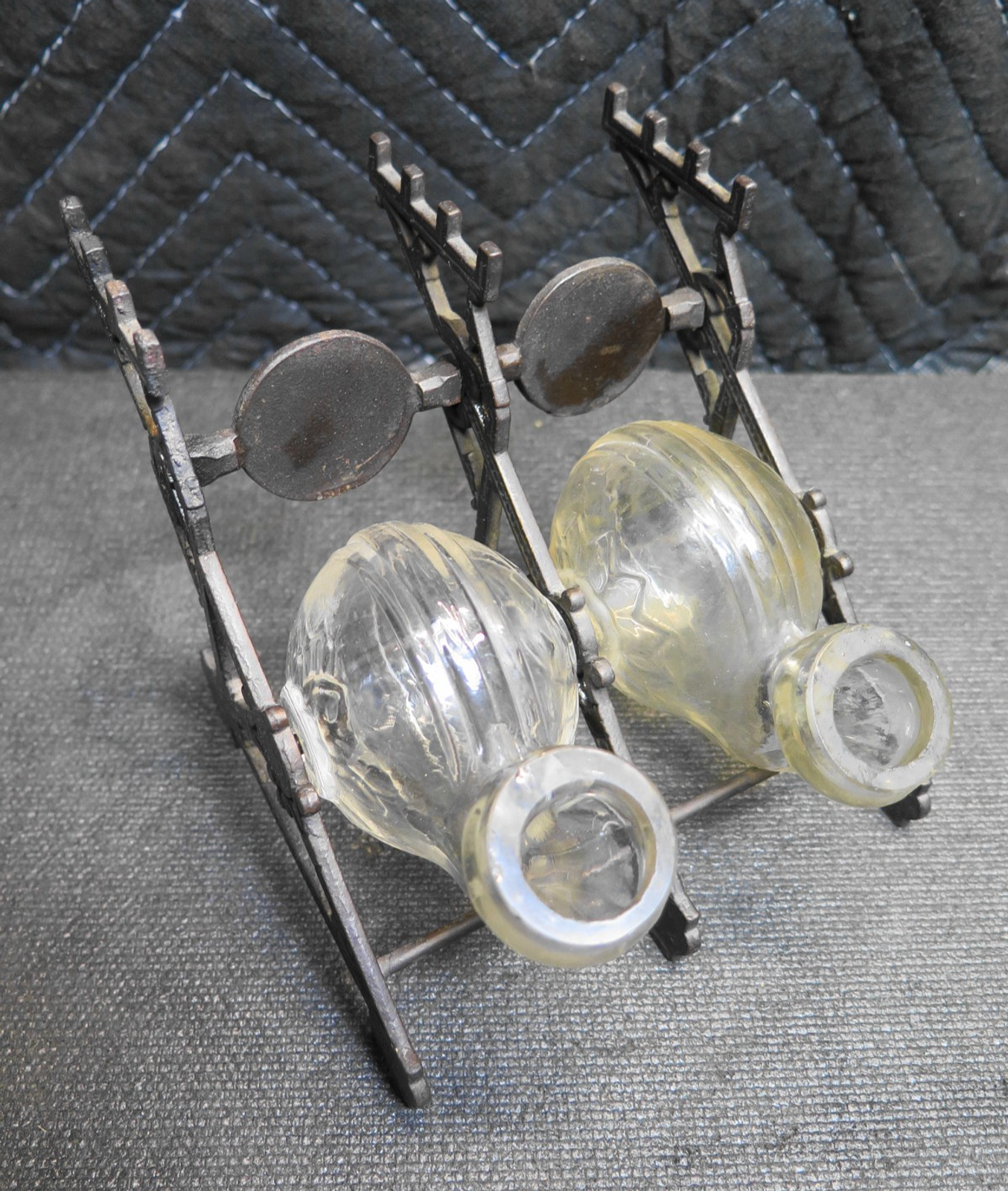 Double Inkwell Antique PAT. 1879 Glass Snail ink Bottles Cast Iron Stand
