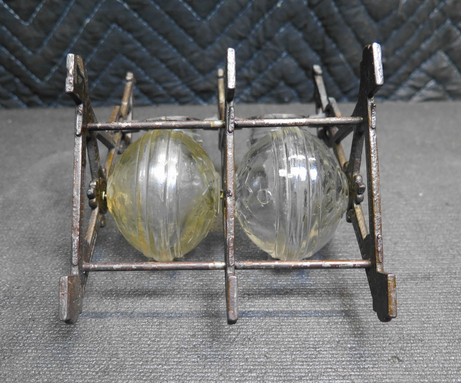 Double Inkwell Antique PAT. 1879 Glass Snail ink Bottles Cast Iron Stand