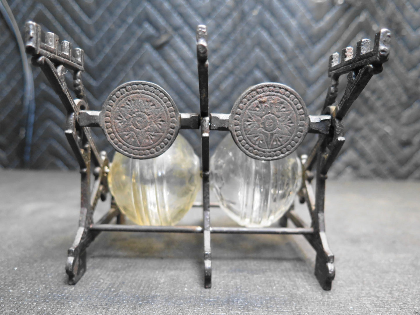 Double Inkwell Antique PAT. 1879 Glass Snail ink Bottles Cast Iron Stand