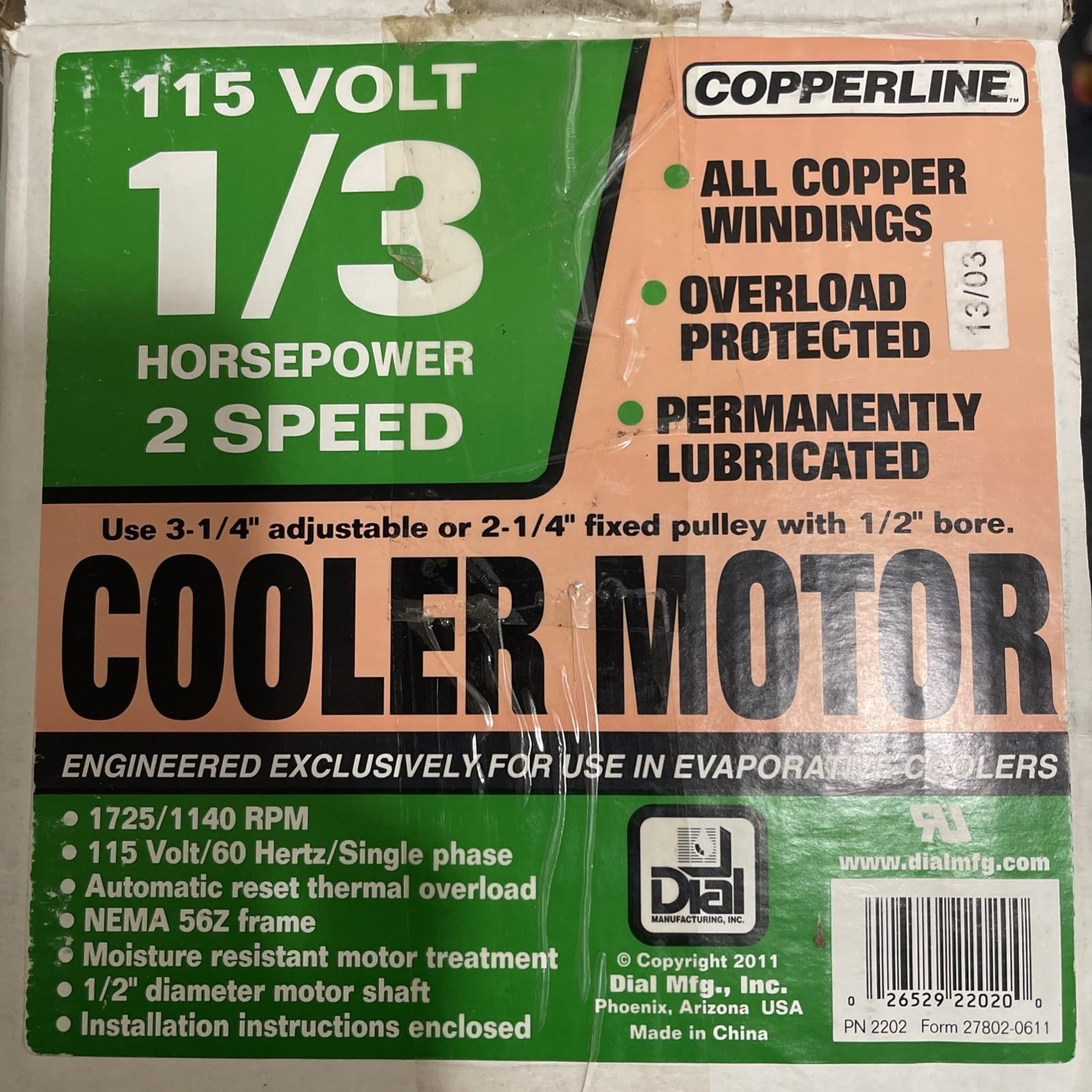 Dial Evaporative Cooler Motor 1/3 HP 2 Speed 2202 115 Volt -OpenBox +MotorCord😎
