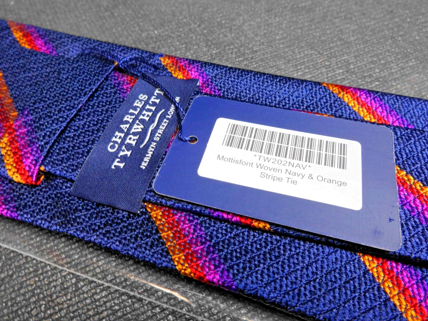 CHARLES TYRWHITT Mottisfont Woven Navy & Orange Silk Woven Stripe Tie - 57"x3.5"