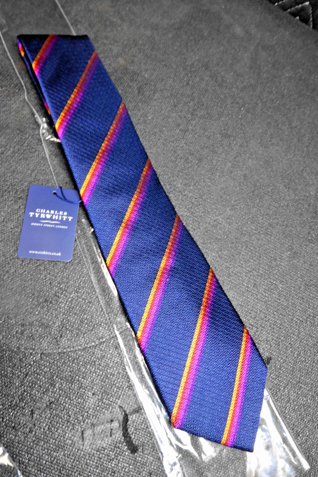CHARLES TYRWHITT Mottisfont Woven Navy & Orange Silk Woven Stripe Tie - 57"x3.5"
