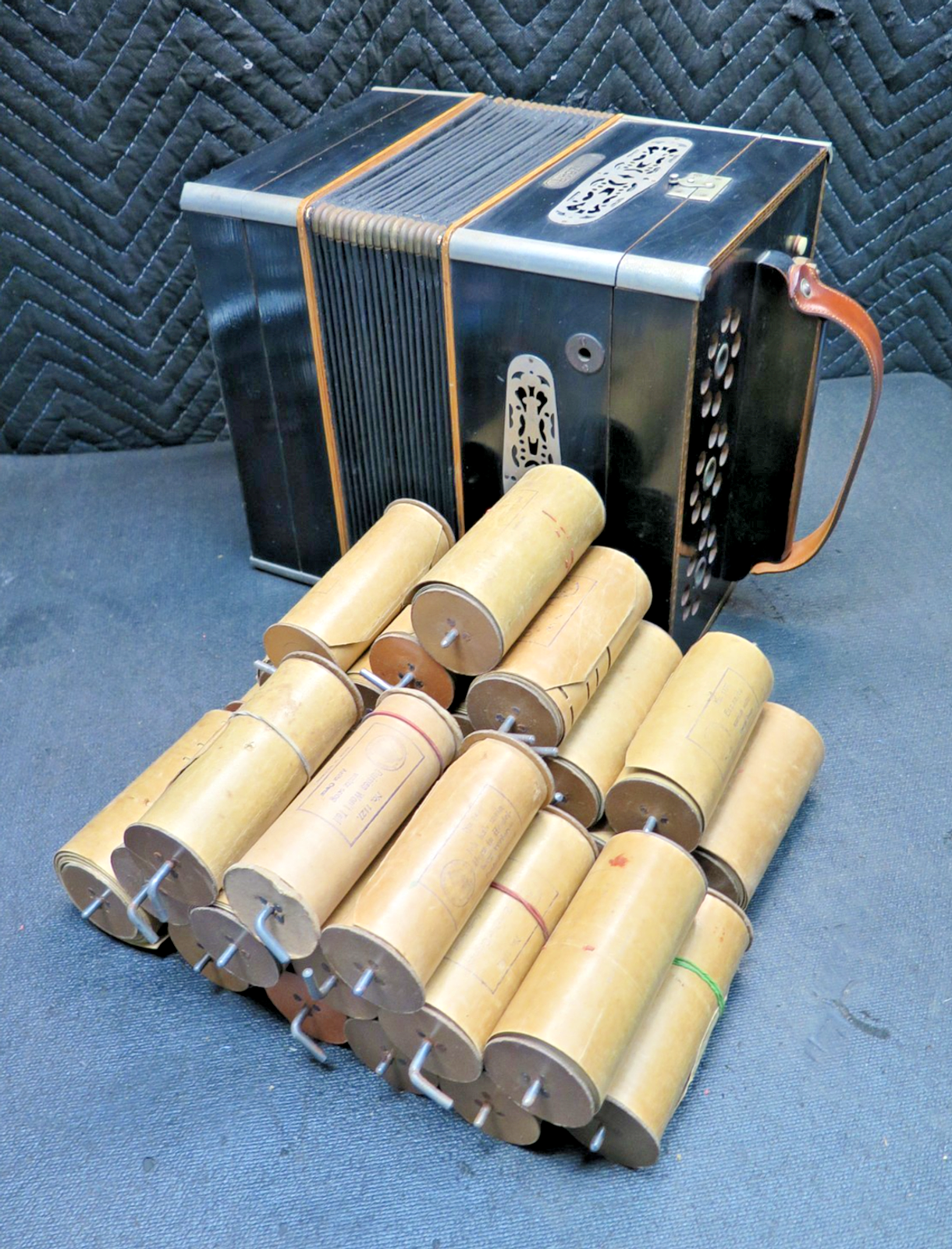Antique Tanzbar German Concertina Player Accordion w/ 30 Player Rolls - Playable