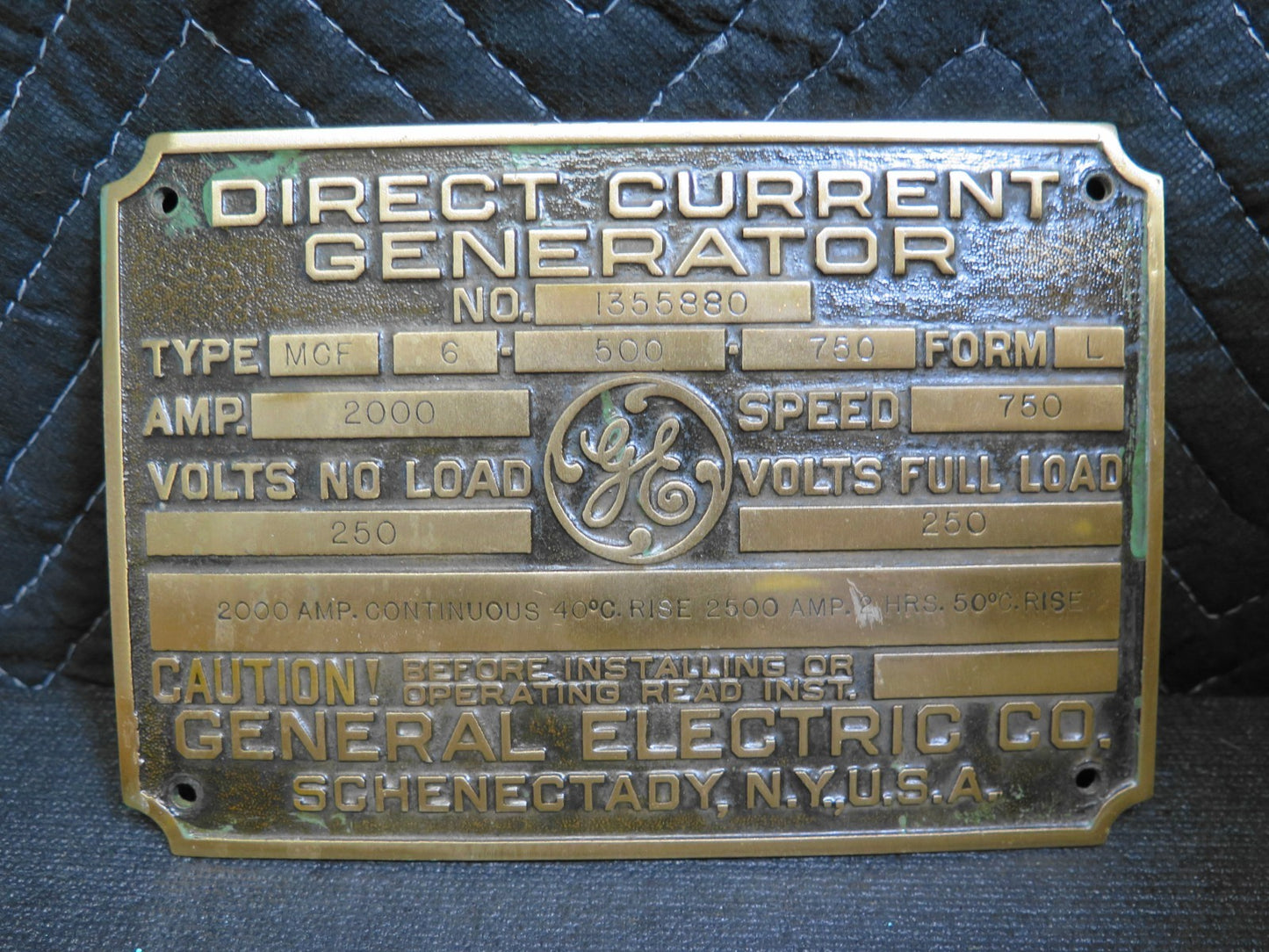 1918 GENERAL ELECTRIC CO Direct Current Generator Brass Plaque Name Plate