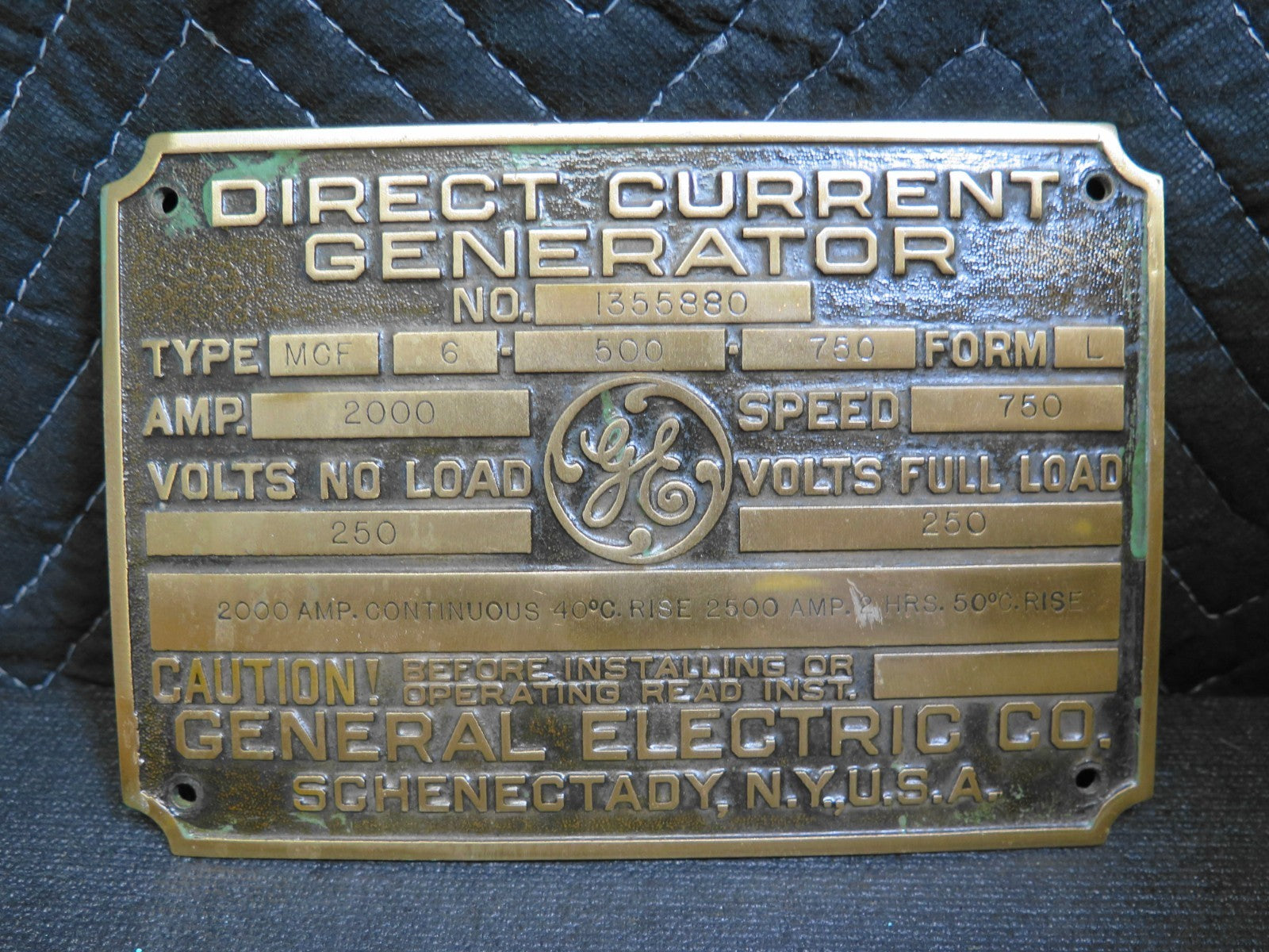 1918 GENERAL ELECTRIC CO Direct Current Generator Brass Plaque Name Plate