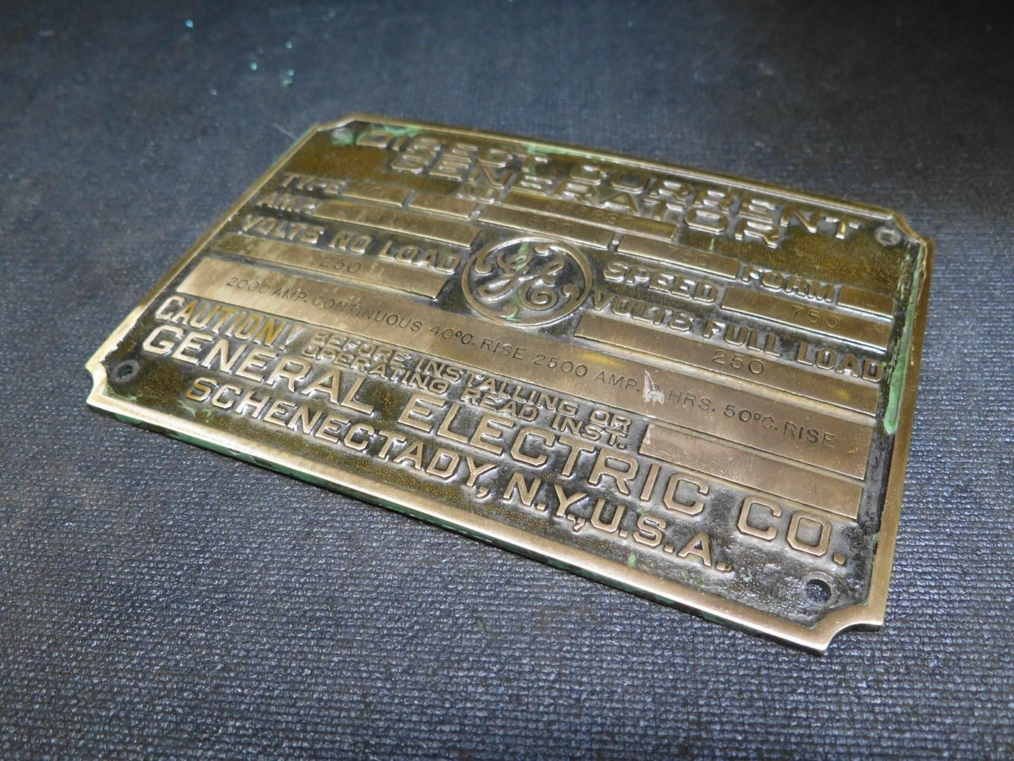 1918 GENERAL ELECTRIC CO Direct Current Generator Brass Plaque Name Plate
