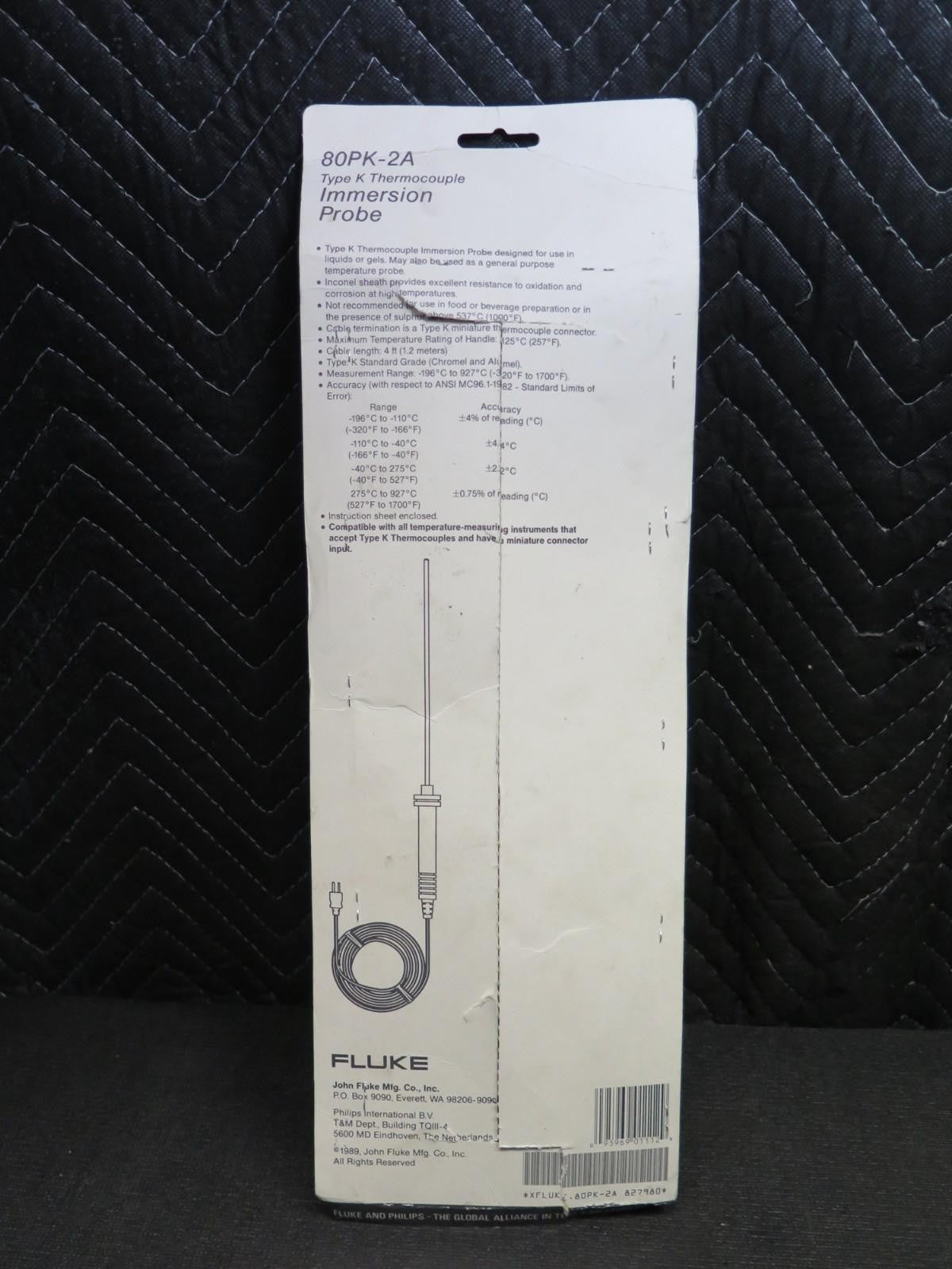 Fluke 80PK-2A Immersion Temperature Probe 80PK2A Type K Thermocouple