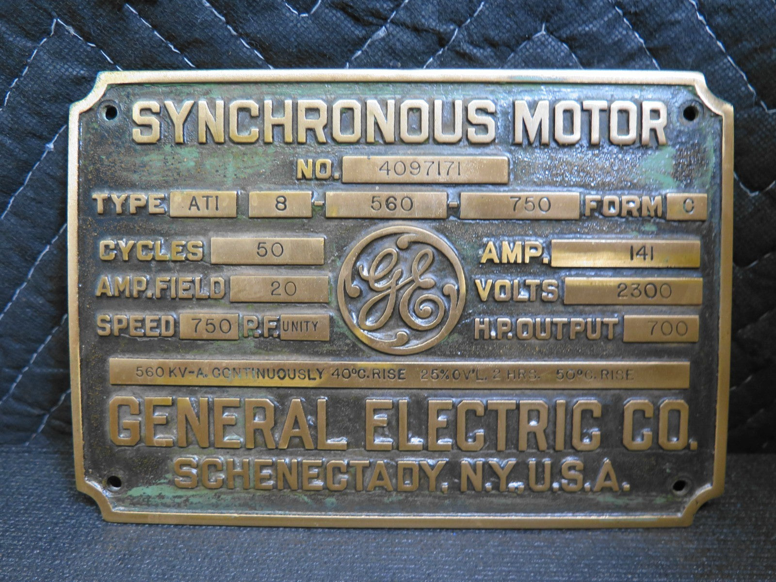 1918 GENERAL ELECTRIC CO Synchronous Motor Brass Name Plate Plaque