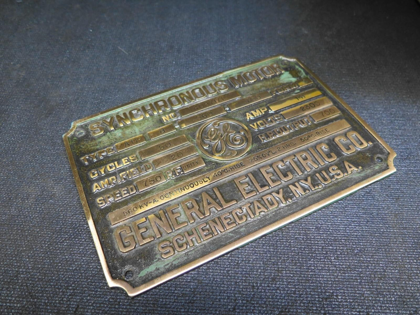 1918 GENERAL ELECTRIC CO Synchronous Motor Brass Name Plate Plaque