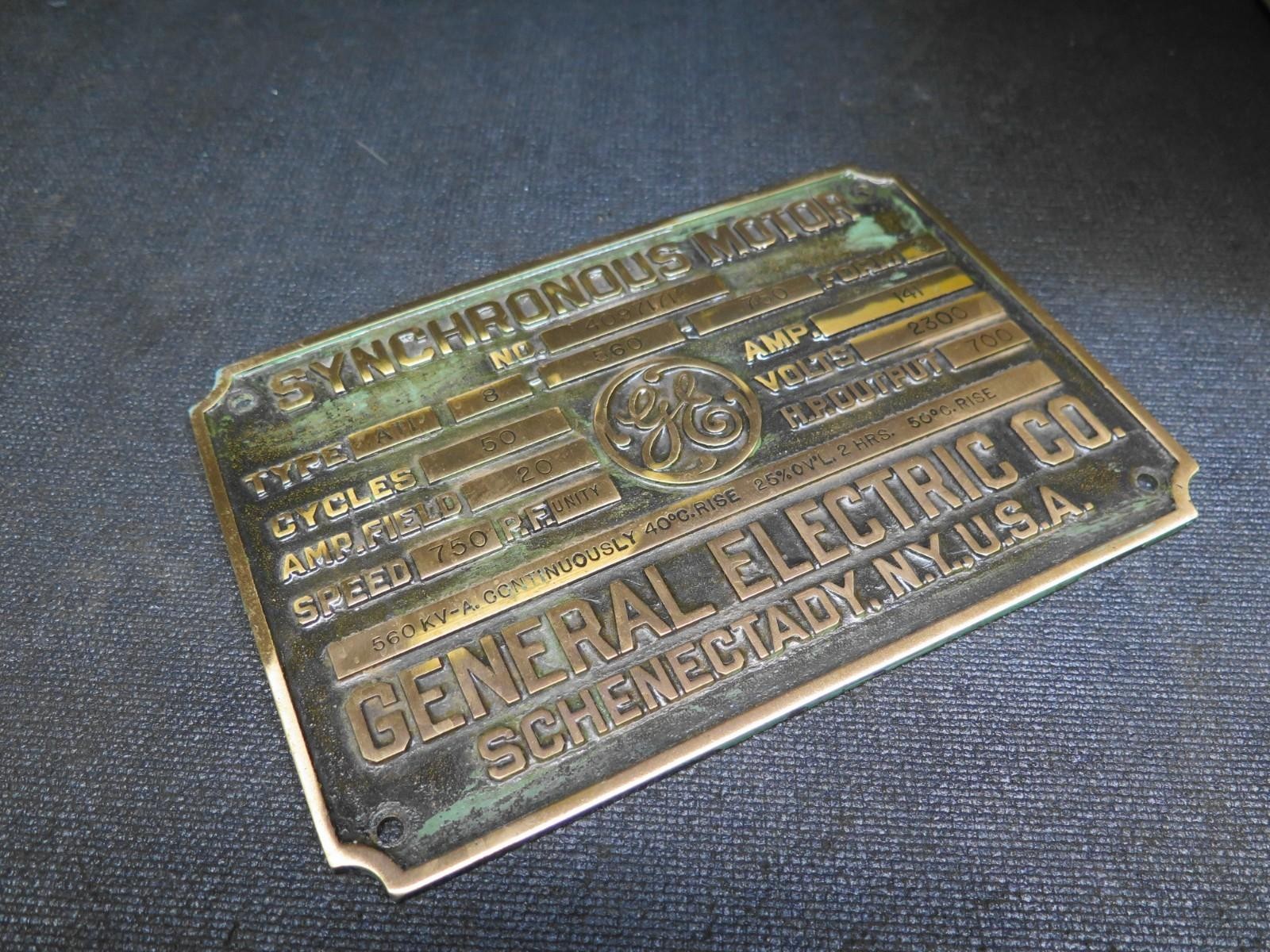 1918 GENERAL ELECTRIC CO Synchronous Motor Brass Name Plate Plaque