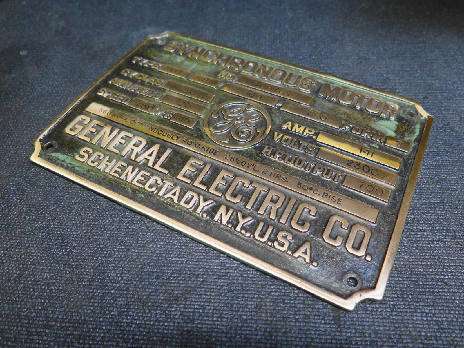 1918 GENERAL ELECTRIC CO Synchronous Motor Brass Name Plate Plaque